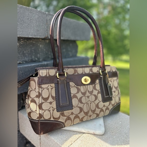 Coach Handbags - Coach Hampton Signature Brown Leather and Jacquard Carry All Tote